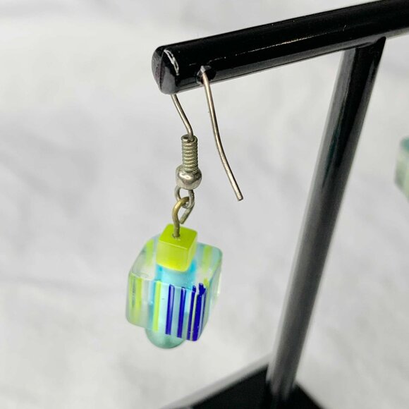 Handmade Art Glass Dangle Earrings Fused Cube Jewelry Blue Yellow Green Abstract - Picture 4 of 5